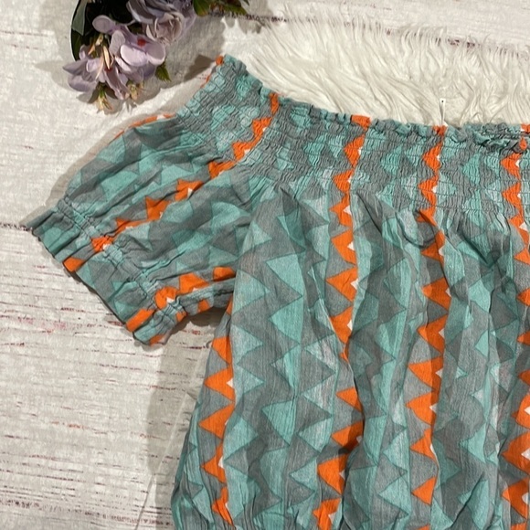 Anthropologie Blue and Orange Smocked Puff Sleeve Blouse - Picture 9 of 10